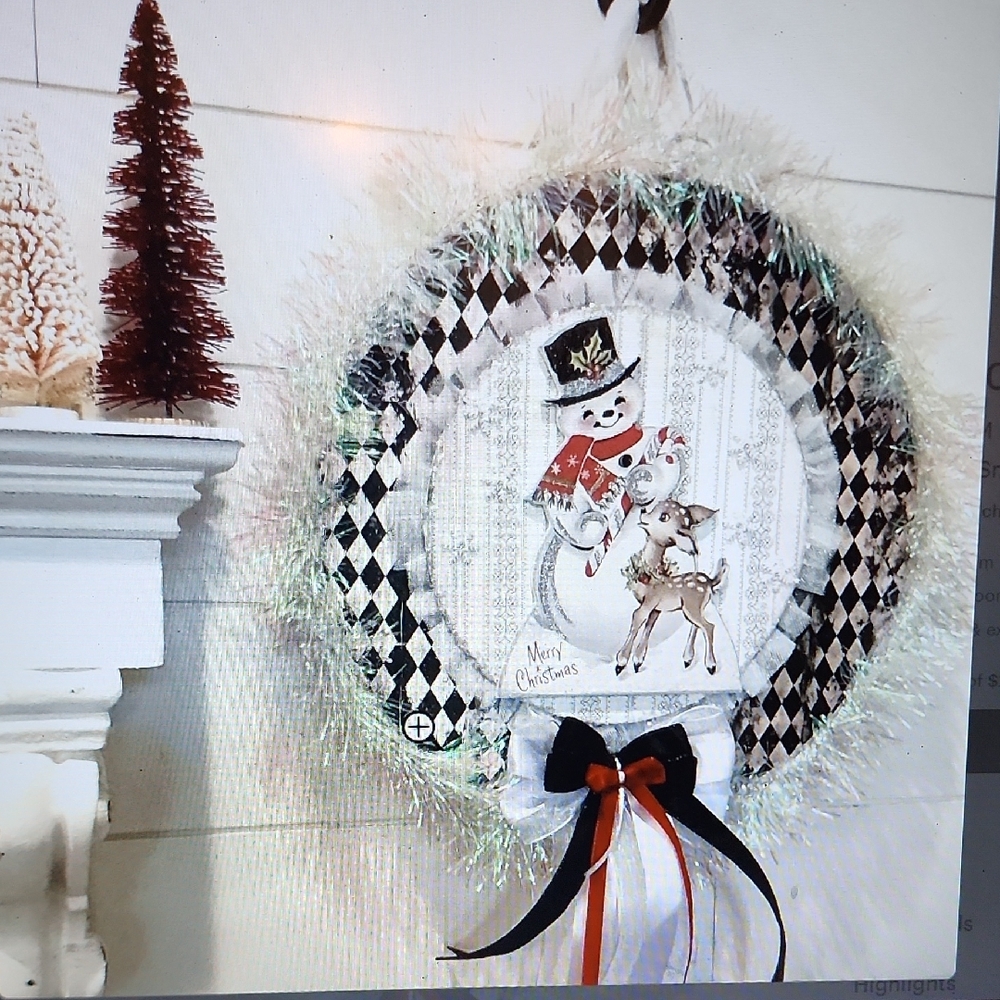 Retro MCM Inspired Wreath- Featuring Retro nostalgic Snowman and Reindeer